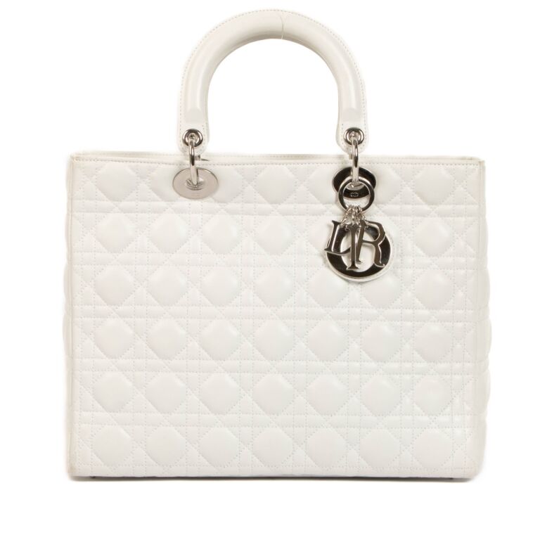 Christian Dior White Cannage Large Lady Dior Bag Labellov
