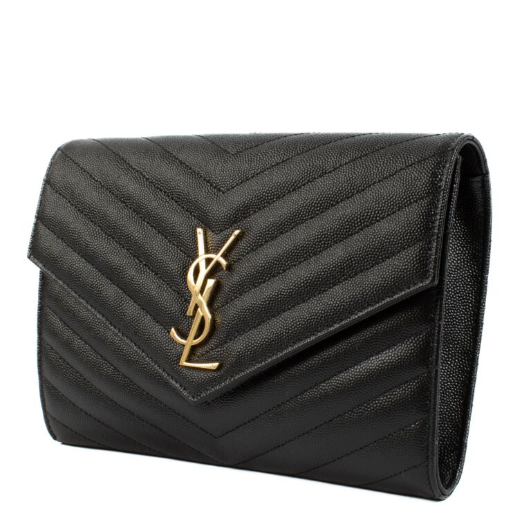Saint Laurent Black Cassandre Grained Leather Clutch Labellov Buy and Sell Authentic Luxury
