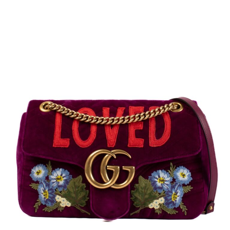 Gucci Purple Velvet Loved Embroidered Medium GG Marmont Bag Labellov Buy and Sell Authentic Luxury