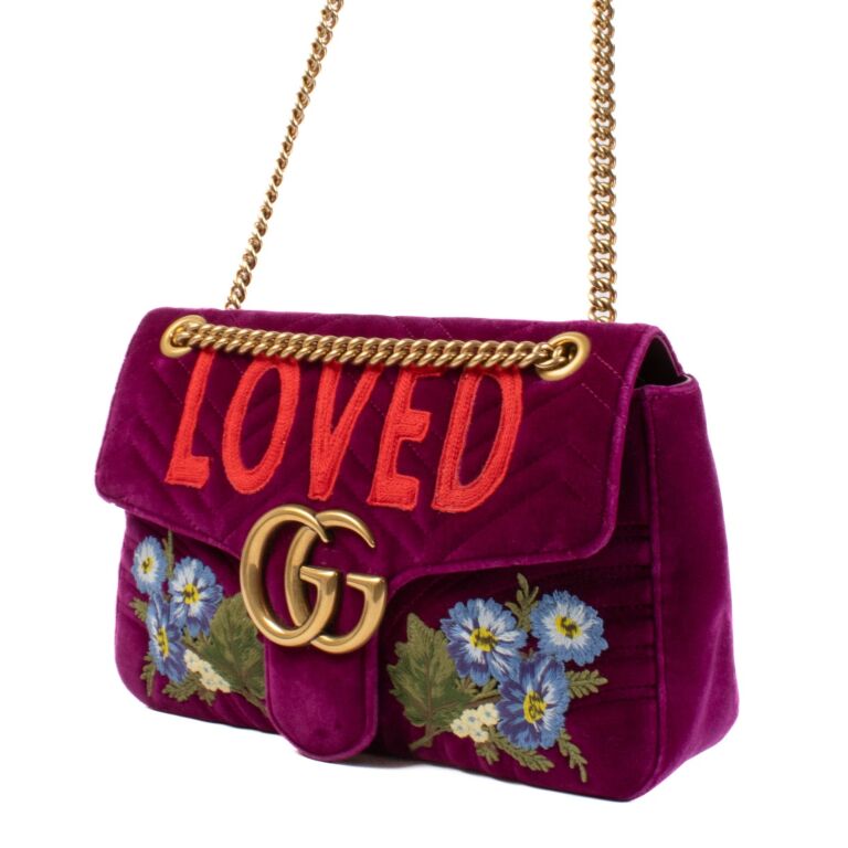 Gucci Purple Velvet Loved Embroidered Medium GG Marmont Bag