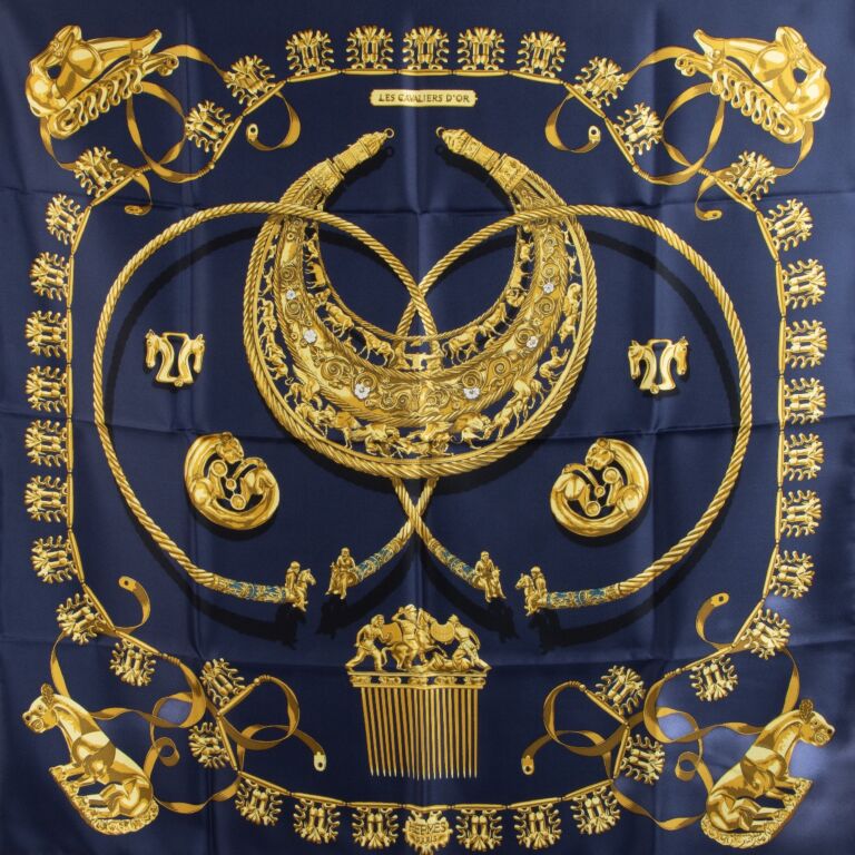 Hermès Blue Les Cavaliers d'Or Silk Scarf ○ Labellov ○ Buy and