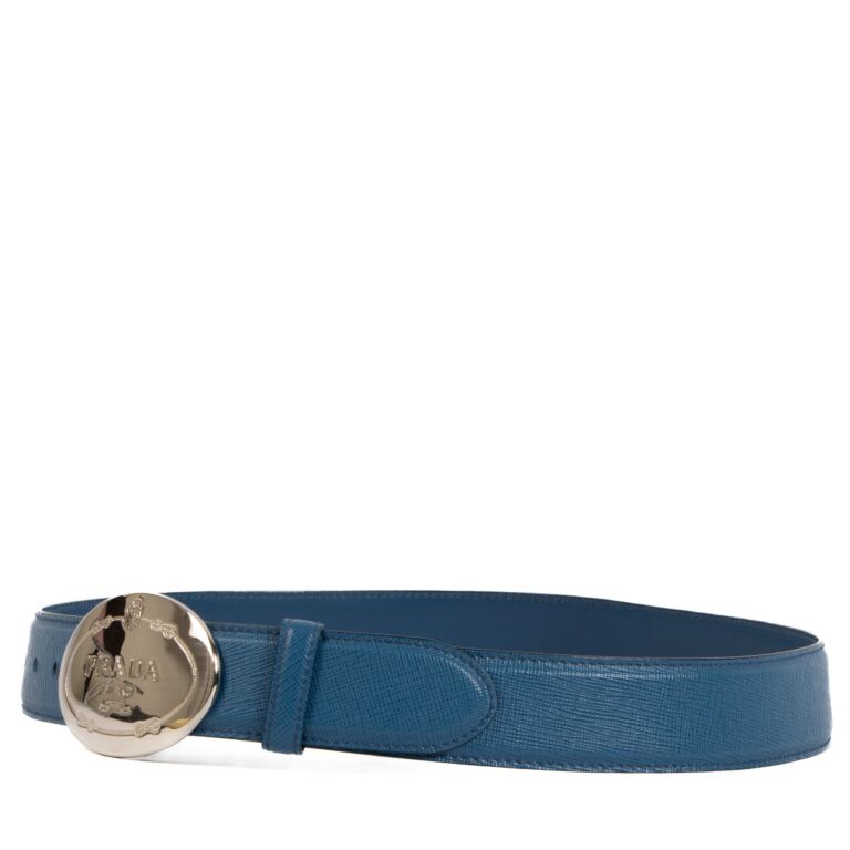 Prada Blue Saffiano Leather Logo Plaque Belt size 80 Labellov Buy and Sell Authentic Luxury