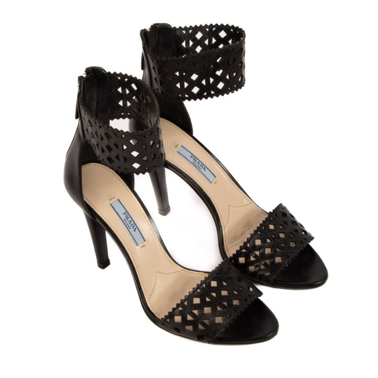 PRADA Black Leather Metallic Gray Square Toe Ankle Strap