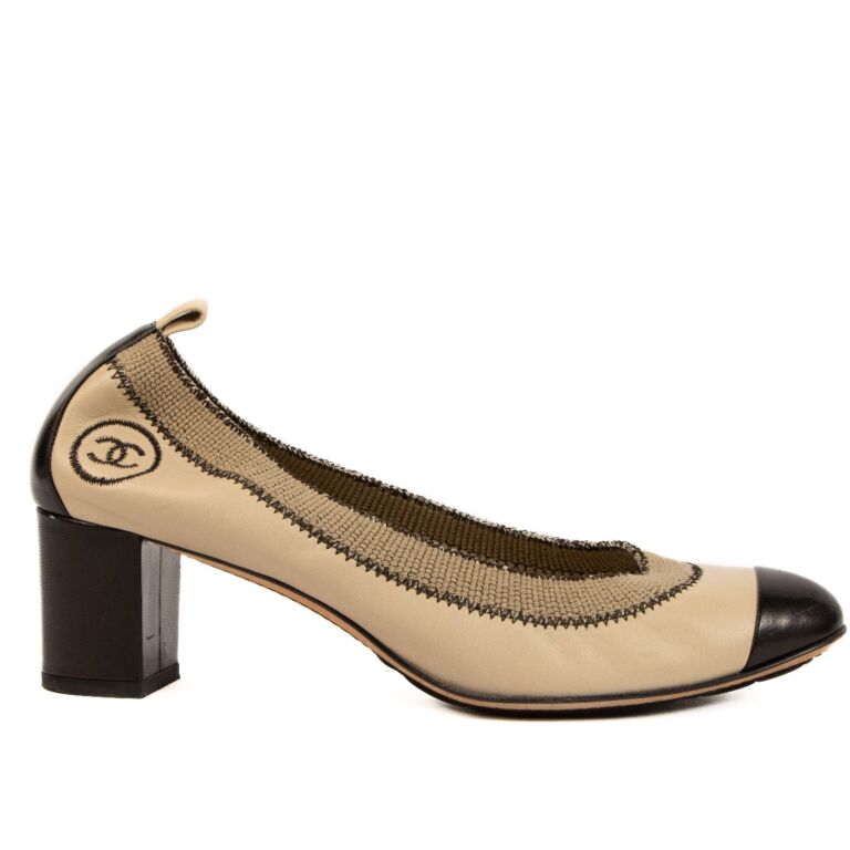Chanel Beige Black Cap Toe Elastic Pumps Labellov Buy and Sell Authentic Luxury
