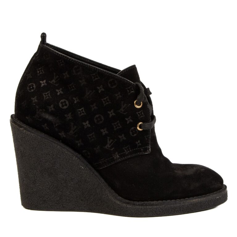 Louis Vuitton Black Monogram Suede Wedge Ankle Boots Size 39 Louis