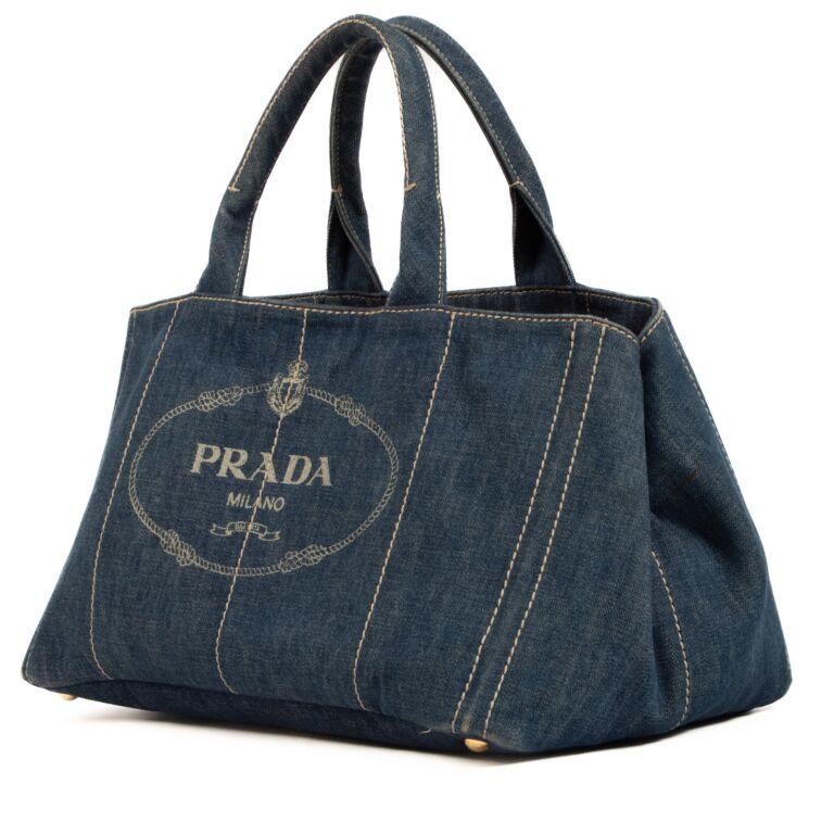 Prada Blue Denim Logo Large Canapa Tote Bag Labellov Buy and