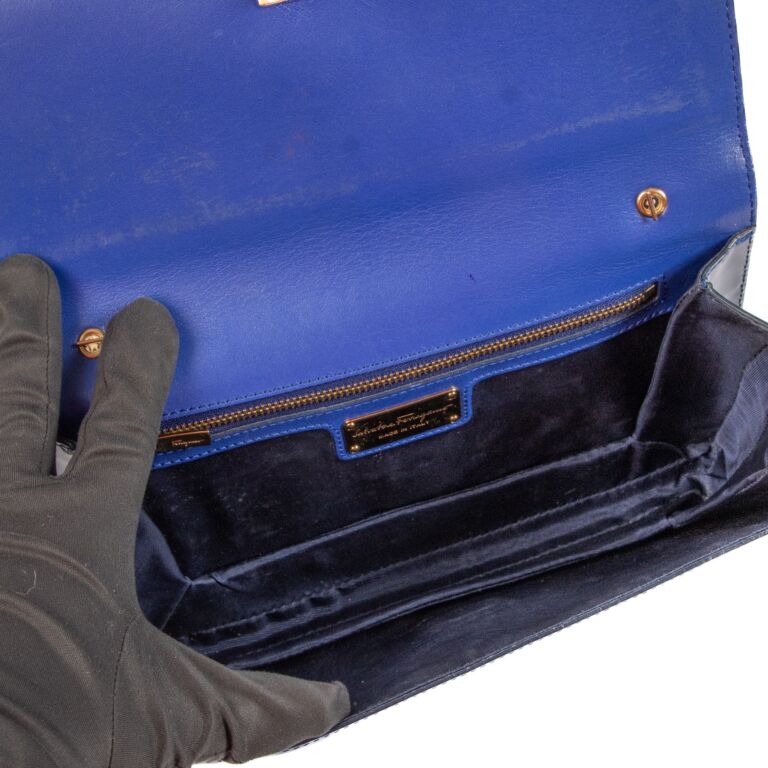 Ferragamo Blue Patent Leather Miss Vera Bow Chain Clutch