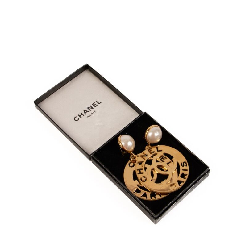 Chanel Vintage Faux Pearl Gold CC Cut out Hoop Earrings