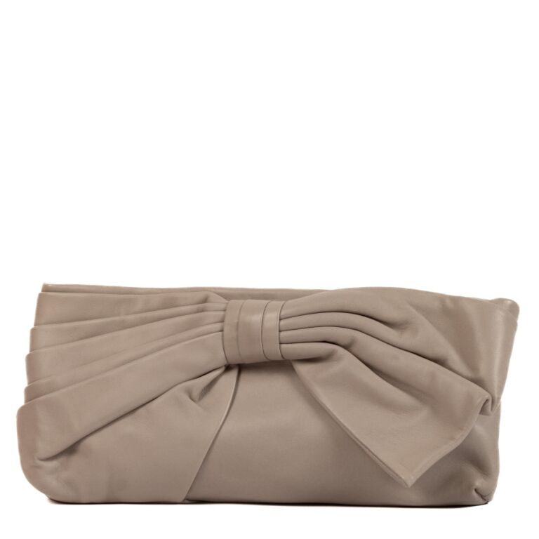 Valentino Garavani Taupe Nappa Lambskin Bow Clutch Labellov