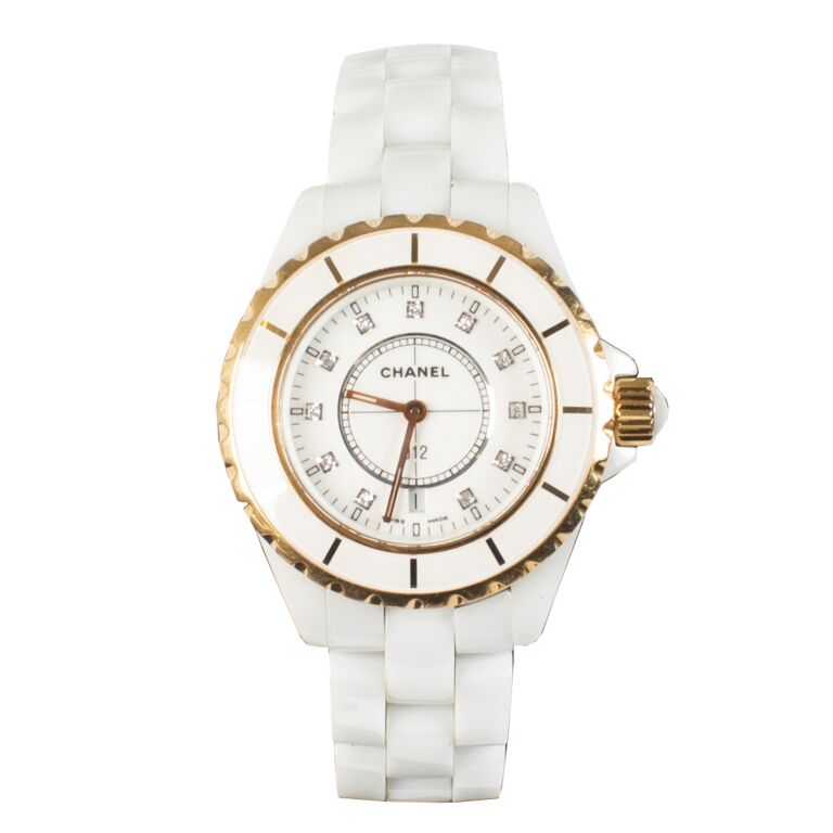 Chanel White Ceramic/Gold Diamond J12 33mm Watch ○ Labellov