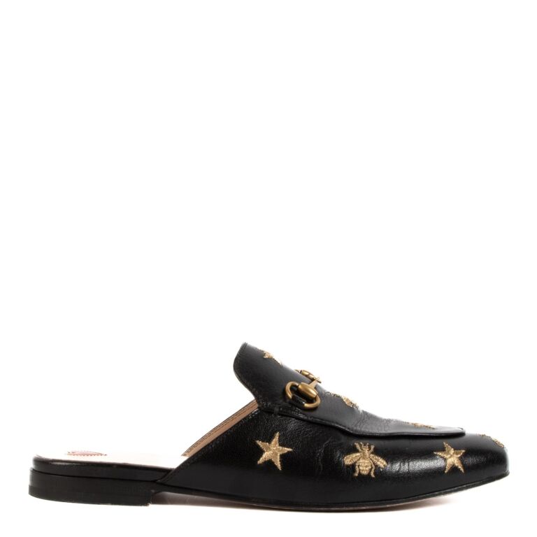 Gucci Black Bee Embroidered Princetown Slippers Size 38.5