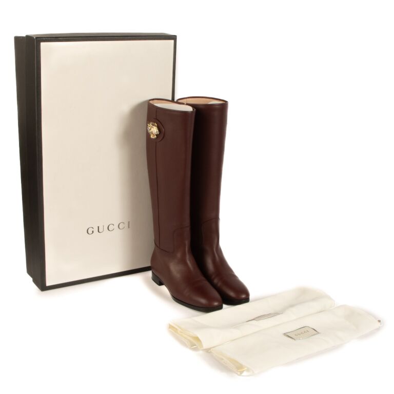 Gucci Burgundy Leather Tiger Motif Knee High Boots Size 37 Labellov Buy and Sell Authentic Luxury