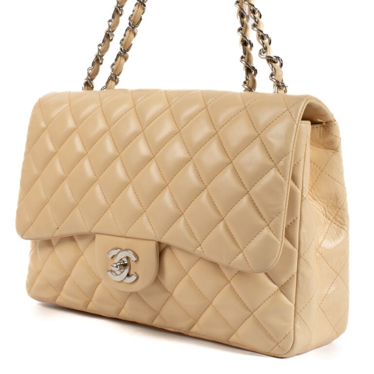 CHANEL BEIGE シャネル Chanel Beige Lambskin Large Classic Single Flap Bag ○ Labellov