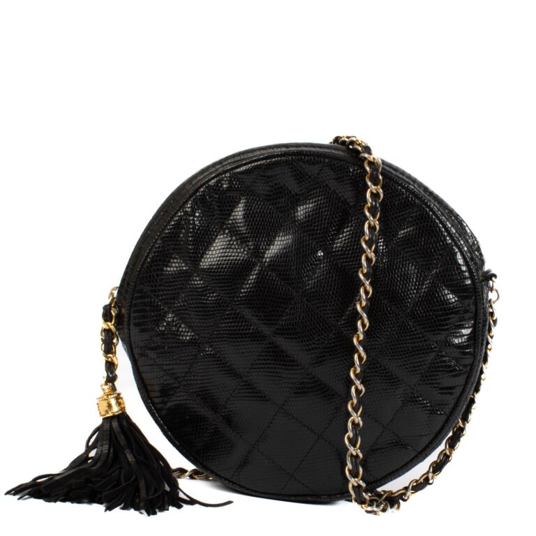 Chanel Shiny Black Lizard Vintage Round Crossbody Bag Labellov Buy and Sell Authentic Luxury