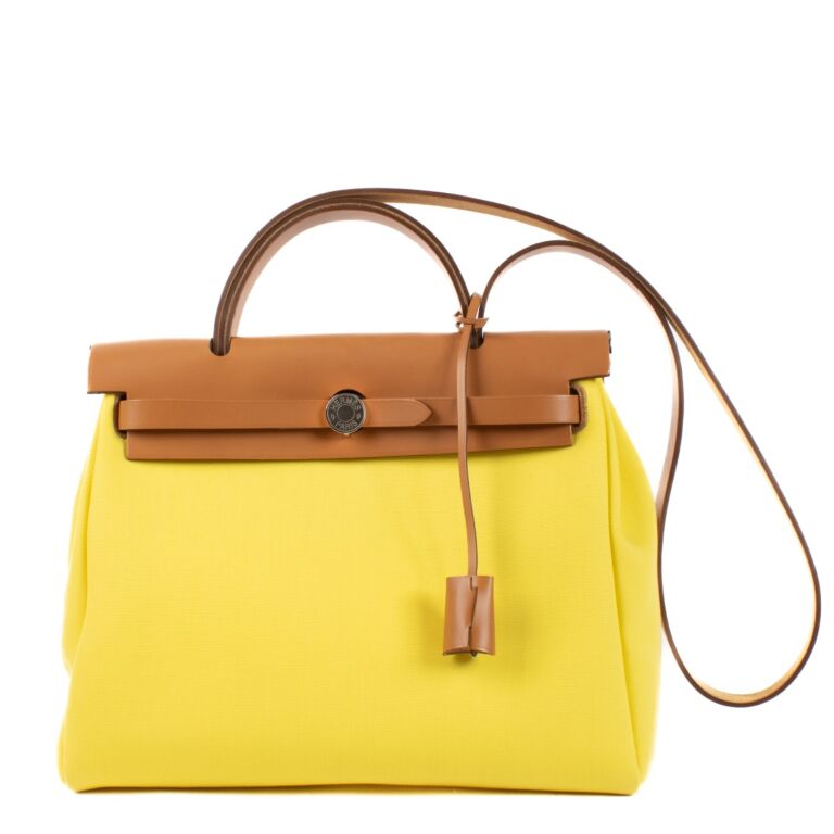 Hermes Herbag 31 Zip Jaune Citron Naturel Sable Canvas Hunter PHW Labellov Buy and Sell Authentic Luxury