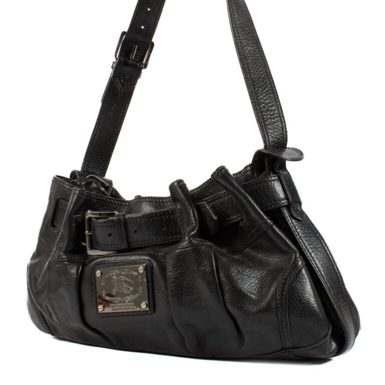 Burberry Black Embossed Leather TB Monogram Medium Shoulder
