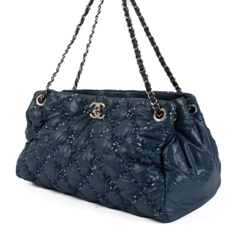 Chanel Blue Tweed Stitch Quilted Nylon Bubble Tote ○ Labellov
