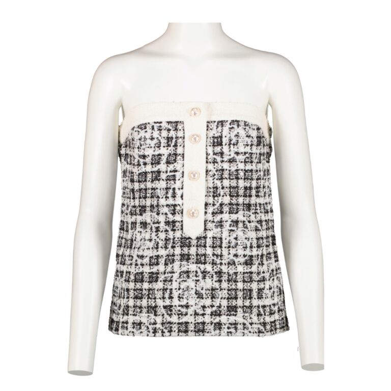Chanel White Camellia Tweed Faux Pearl Tube Top - Size FR38