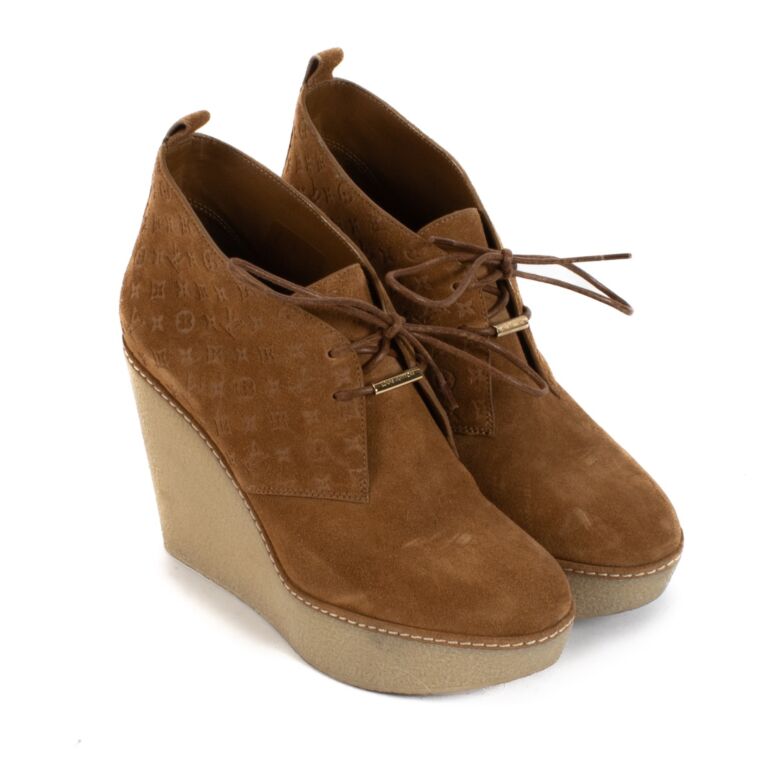 Louis Vuitton Camel Monogram Suede Wedge Boots size 38 Labellov Buy and Sell Authentic Luxury