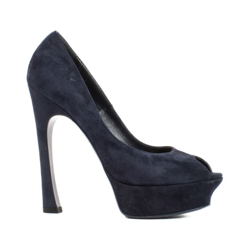 Saint Laurent Blue Suede Open Toe Platform Heels Size 38 5 Labellov Buy and Sell Authentic Luxury