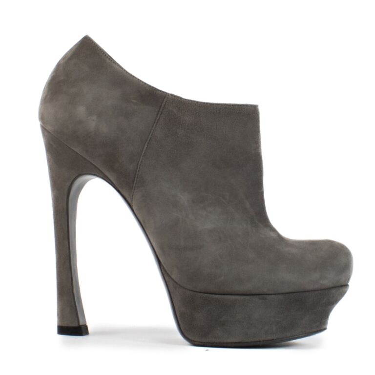 Saint Laurent Grey Suede Bootie Heels Size 38 5 Labellov Buy and Sell Authentic Luxury