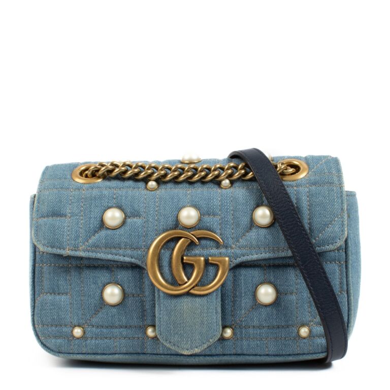 Gucci Denim GG Marmont Pearl Studded Mini Bag ○ Labellov