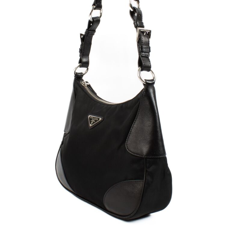 バッグ PRADA LEATHER NYLON SHOULDER HAND BAG PRADA Nylon Leather Half Moon Hobo Shoulder Bag Handbag