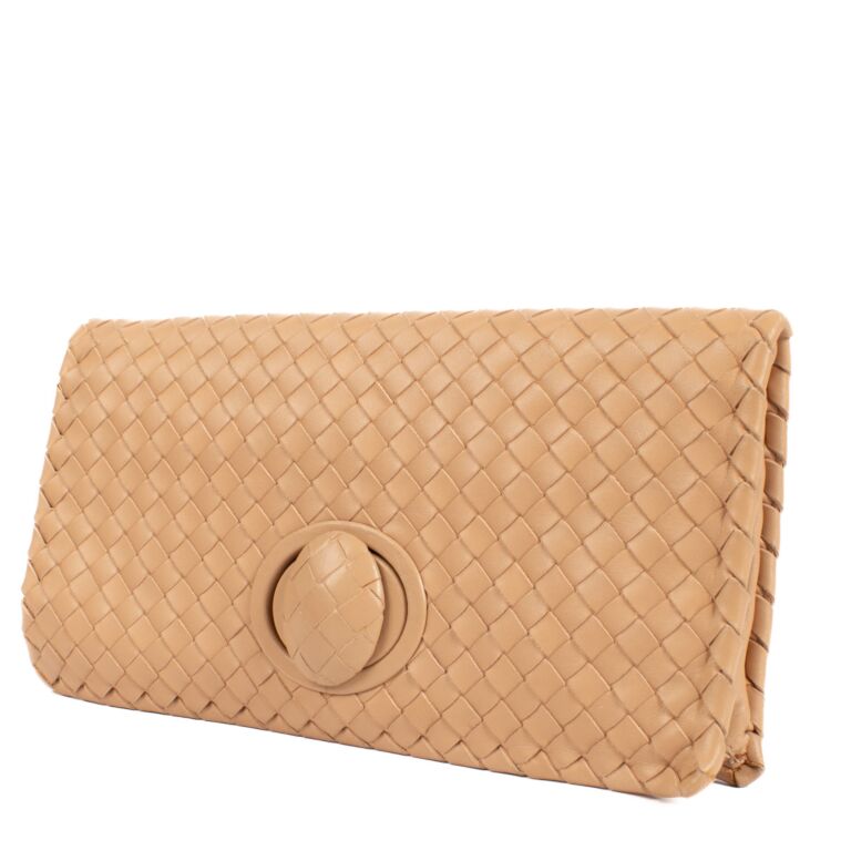 Bottega Veneta Beige Intrecciato Fold Over Turnlock Clutch