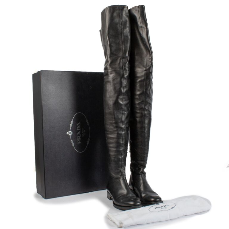 Prada Black Leather Over-The-Knee Boots - Size 36,5