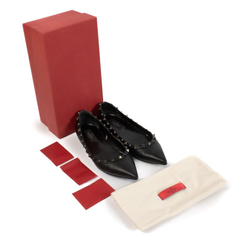 VALENTINO★BLACK LEATHER FLATS Rockstud leather ballet flats Valentino Garavani Black size