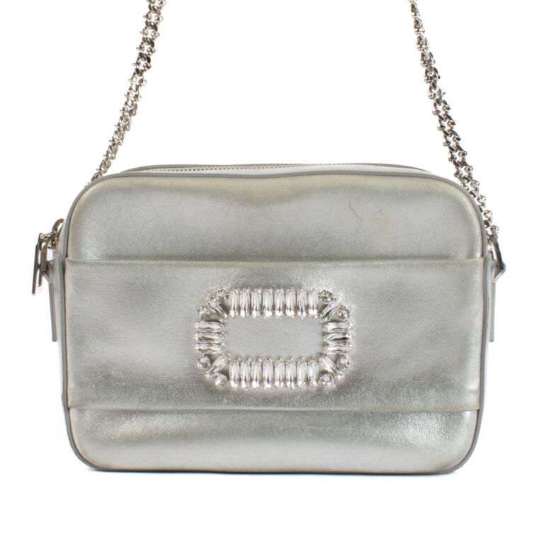 Roger Vivier Silver Leather Crystal Buckle Photocall Camera Bag Labellov Buy and Sell Authentic Luxury
