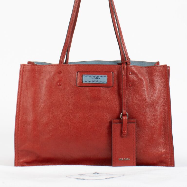Prada Red Glace Calf Etiquette Small Tote Bag ○ Labellov