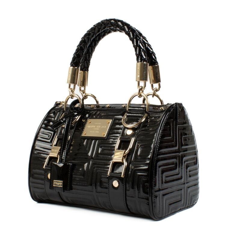 VERSACE 黒 レザー ボストンバッグ Versace Black Patent Leather Snap Out Of It Small Boston Bag