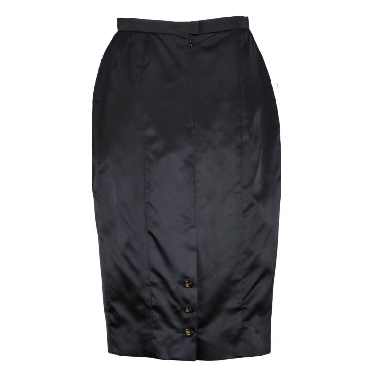 Chanel Black CC Button Silk Satin Skirt - Size FR40