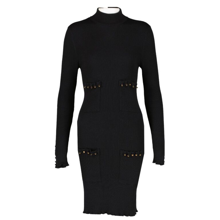 Chanel Vintage Black Knitted CC Button Midi Dress Size FR42 Labellov Buy and Sell Authentic Luxury