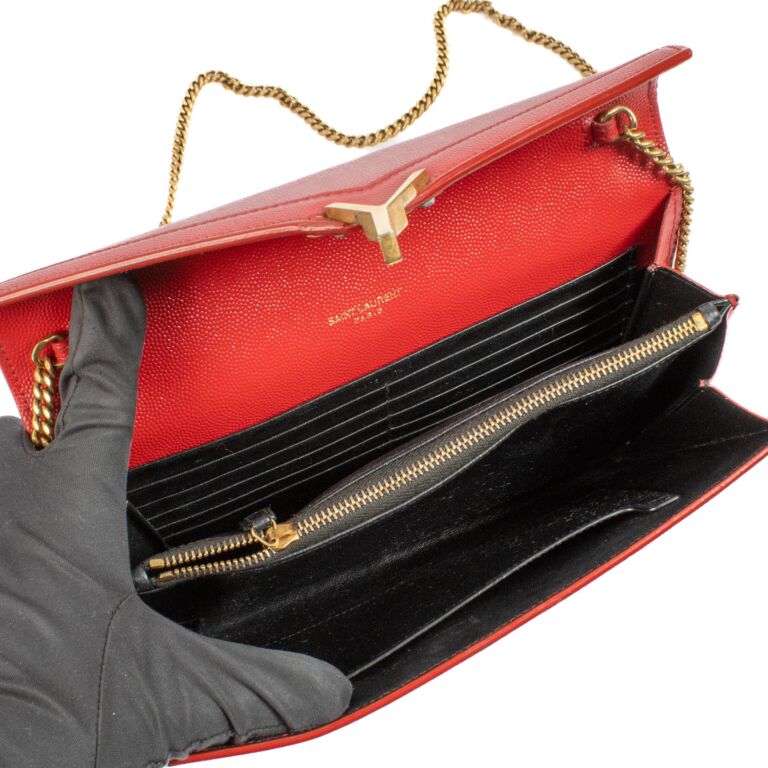 Saint Laurent Cherry Red Leather Cassandra Chain Wallet