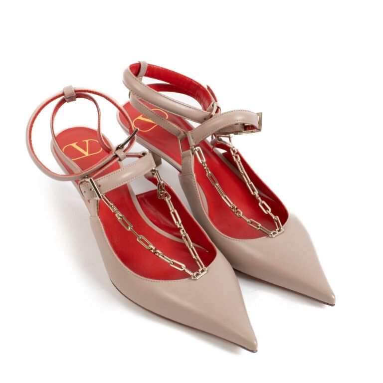 Valentino Garavani Beige Chain Slingback Kitten Heels - size