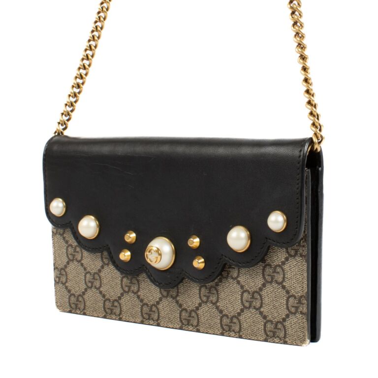 Gucci Supreme Pearl Studded Monogram Wallet on Chain