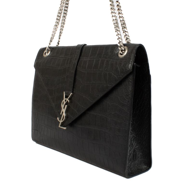 Saint Laurent Black Crocodile Embossed Large Envelope Bag
