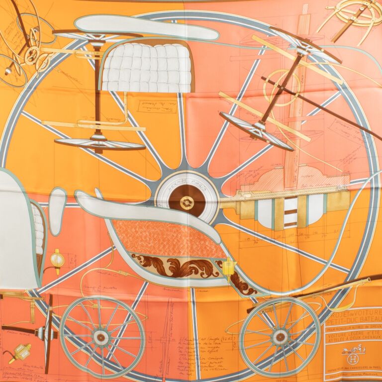 コレクション HERMES Petit Journal de la Soie Hermès Orange Projet De Voiture Petit-Duc Bateau Silk Carré
