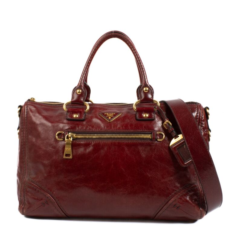 PRADA ボストンバッグ ブラウン/レッド Prada Burgundy Leather Top Handle Bag ○ Labellov ○ Buy and