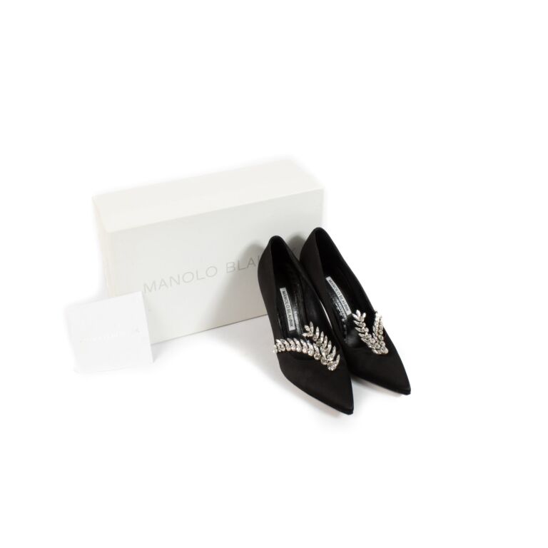 Manolo Blahnik Black Satin Rhinestone Nadira Heels - Size 36