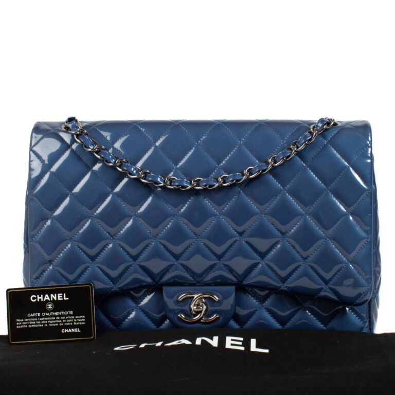 Chanel Blue Patent Leather Maxi Classic Flap Bag ○ Labellov