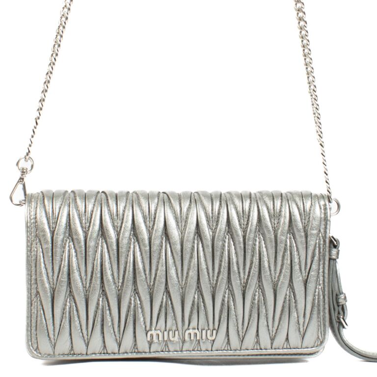 Miu Miu Silver Matelasse Nappa Leather Chain Clutch Bag