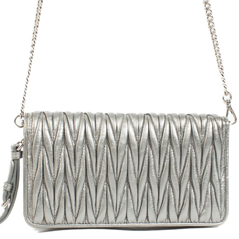 Miu Miu Silver Matelasse Nappa Leather Chain Clutch Bag
