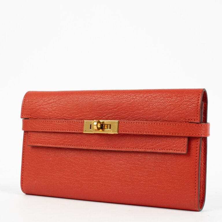 【HERMES】KELLYレザーウォレット Hermès Kelly Wallet Chèvre Mysore Red GHW ○ Labellov ○ Buy