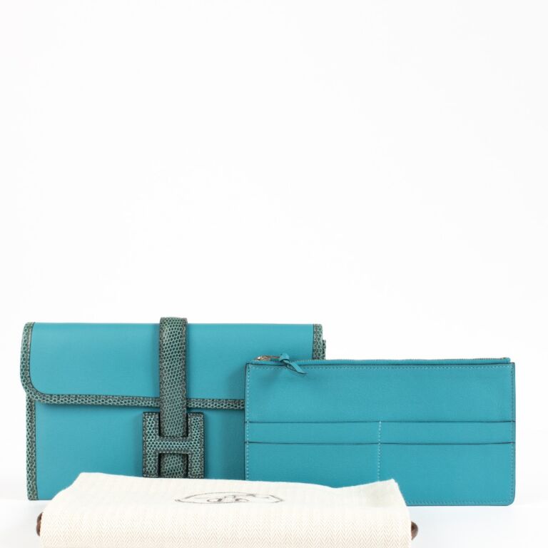 Hermès Jige Duo Wallet Bleu Paon Swift/Lizard ○ Labellov ○ Buy