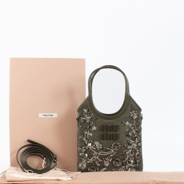 Miu Miu IVY Olive Green Embroidered Gabardine Bag ○ Labellov