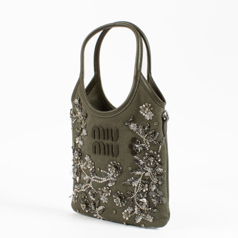 Miu Miu IVY Olive Green Embroidered Gabardine Bag ○ Labellov