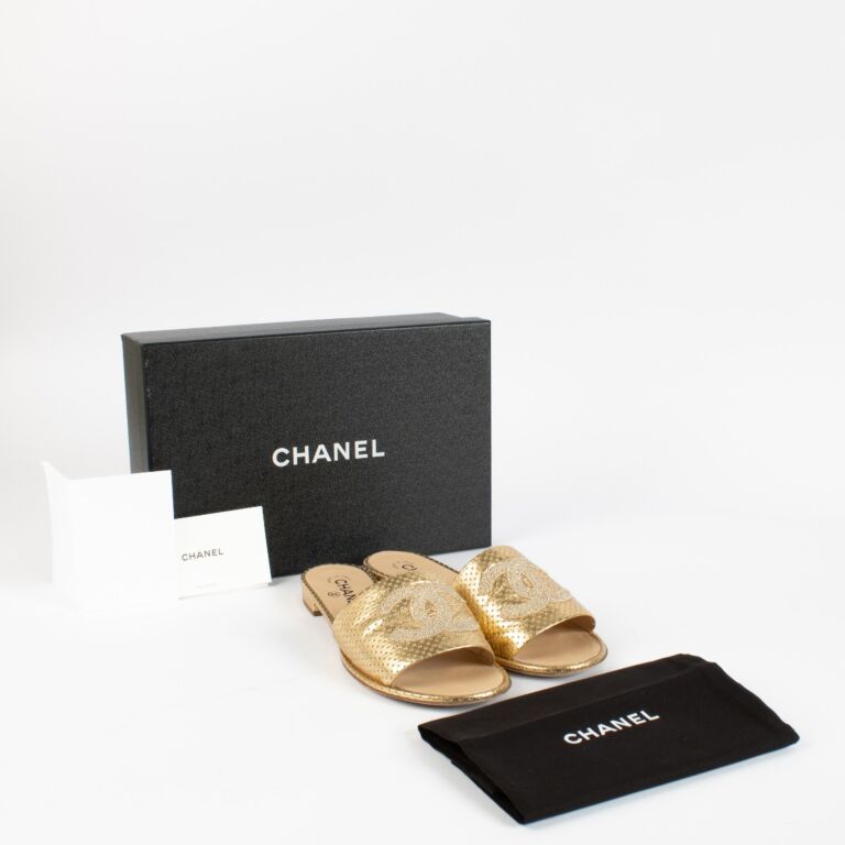 Chanel Gold Lambskin Perforated CC Slide Sandals — Size 41